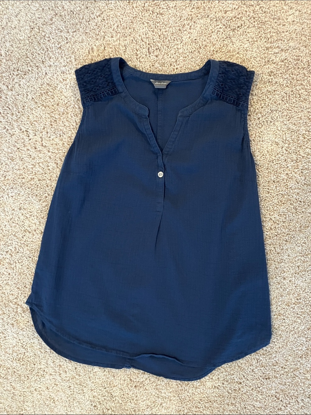 Sleeveless Navy Lace-Yoke Gauze blouse